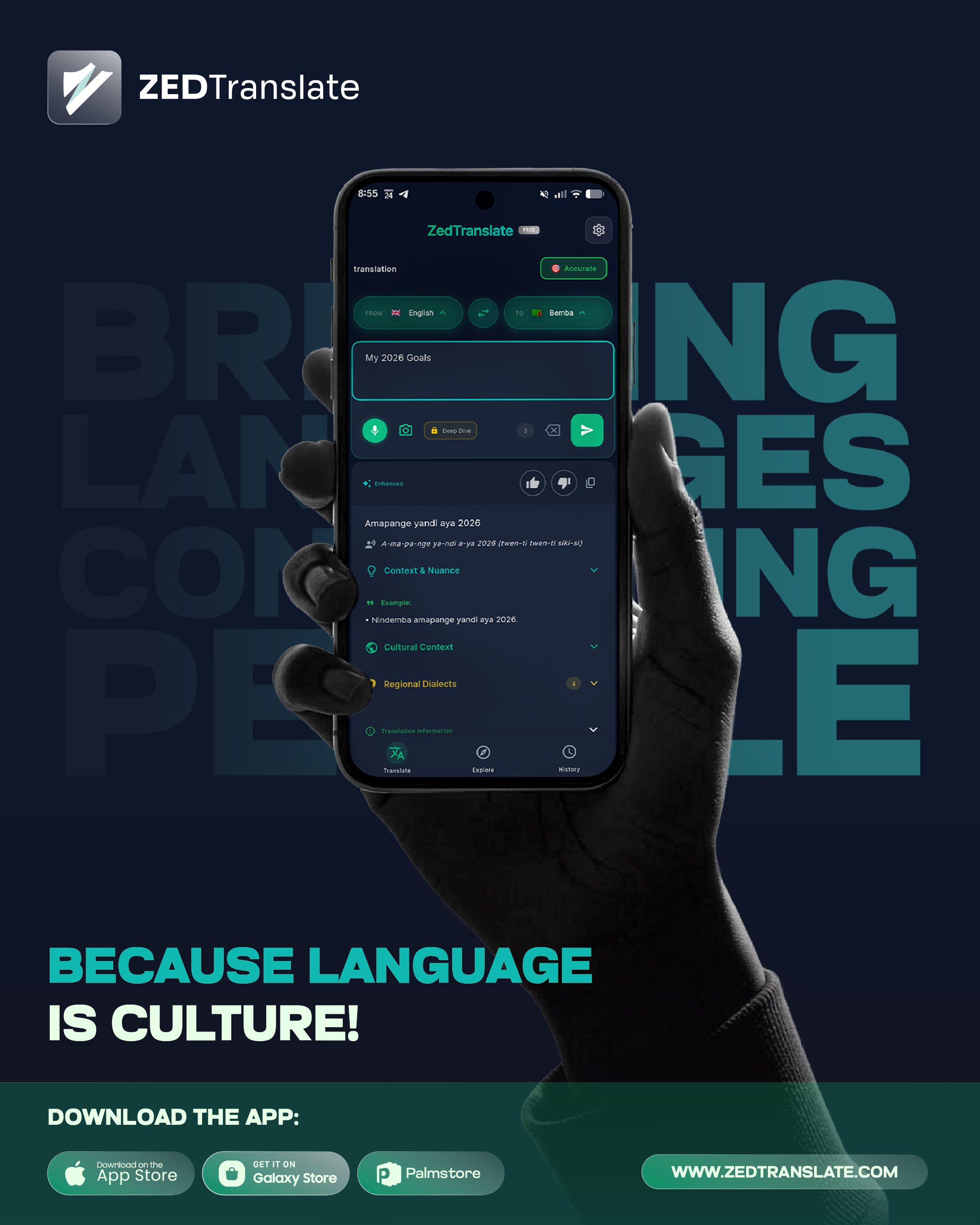 ZedTranslate mobile app shown on a phone